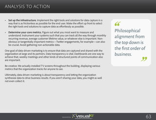 •	 Set up the infrastructure. Implement the right tools and solutions for data capture in a
way that is as frictionless as possible for the end user. Make the effort up front to select
the right tools and solutions to capture data as effortlessly as possible.
•	 Determine your core metrics. Figure out what you most want to measure and
understand. Instrument your systems such that you can track all the way through monthly
recurring revenue, average customer lifetime value, or whatever else is important. Non-
obvious or tangentially important metrics—Twitter engagements, for example—can also
be crucial. Avoid gathering non-actionable data.
One goal of data-driven marketing is to ensure that data are captured and shared with the
organization at large and its partners. Data transparency is vital. Dashboards are one way to
achieve that; weekly meetings and other kinds of structured points of communication also
are important.
Be creative. We actually installed TV screens throughout the building, displaying various
metrics that the organization tracks for anyone to see.
Ultimately, data-driven marketing is about transparency and letting the organization
synthesize data to drive business results. If you aren’t sharing your data, you might as well
not even collect it.
Analysis to Action
Sponsored by:
Philosophical
alignment from
the top down is
the first order of
business.
63
 
