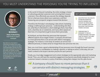 You Must Understand the Personas You’re Trying to Influence
In the world of inbound marketing, the entire strategy is based
on attracting potential customers and nurturing them toward
a decision. How effectively you execute this strategy depends
first on what you know about your customers, and then
measuring your prospects’ progress toward that decision.
Therefore, the first step in developing a data-driven marketing
strategy is defining buyer personas—understanding who they
are, what they’re interested in, what challenges them, how they
work, what they do on weekends, and many other aspects of
their lives. It is important to get to know them personally.
At HubSpot, we have three key personas that represent
different aspects of our target market. A company should have
no more personas than it can service with distinct messaging
strategies. For instance, if one body of content can service two
different personas, it makes sense to merge those two personas into one.
Next, you must have a good understanding of how personas move through the buyer’s journey,
from awareness to consideration to making a decision or taking an action. In this way, you can
match content to the buyer’s decision process for each persona.
Finally, you must align engagement and content strategies to the appropriate sales and marketing
funnel. Then, you will have the essential engagement touchpoints specifically designed to move
customers toward a decision or series of decisions, taking them deeper into the sales funnel.
Ryan
Bonnici
Ryan Bonnici is the head of
marketing at HubSpot Asia Pacific
& Japan. He’s an experienced digital
marketing leader, having previously
held roles at Salesforce, ExactTarget,
Microsoft, and Qantas Airways.
Being a strong advocate for inbound
sales and marketing, he’s incredibly
passionate about educating brands
on leveraging new ways to connect
with their customers.
Head of Marketing,
Asia Pacific & Japan,
HubSpot
Acompanyshouldhavenomorepersonasthanit
canservicewithdistinctmessagingstrategies.
How effectively you execute
an inbound marketing
strategy depends first
on what you know about
your customers, and then
measuring their progress
toward a decision.
Companies need to
experiment to find an
attribution model that gives
them the insights they need
across all their points
of engagement.
Key Lessons
1
2
Twitter I Blog
b
Sponsored by: 9
 