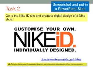 Task 2
https://www.nike.com/gb/en_gb/c/nikeid
LO: To define the purpose of visualisation diagrams and evidence an understanding of how their construction.
Go to the Nike ID site and create a digital design of a Nike
shoe.
Screenshot and put in
a PowerPoint Slide
 
