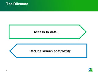 The Dilemma
5
Access to detail
Reduce screen complexity
 