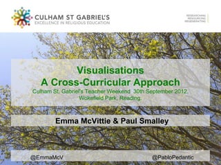 Visualisations
   A Cross-Curricular Approach
Culham St. Gabriel's Teacher Weekend 30th September 2012,
                  Wokefield Park, Reading.



        Emma McVittie & Paul Smalley



@EmmaMcV                                   @PabloPedantic
 