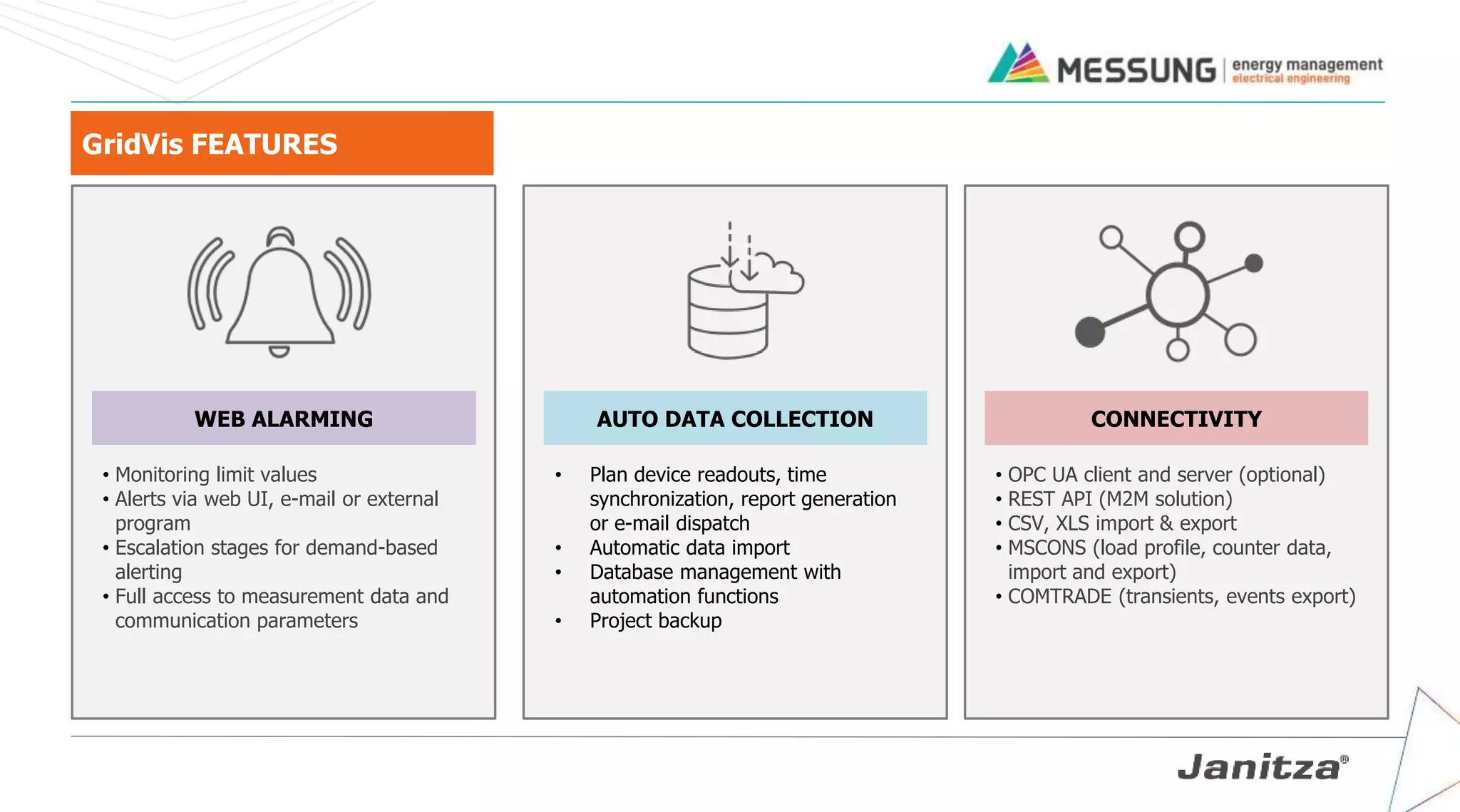 GridVis FEATURES
WEB ALARMING
• Monitoring limit values
• Alerts via web UI, e-mail or external
program
• Escalation stages for demand-based
alerting
• Full access to measurement data and
communication parameters
CONNECTIVITY
• OPC UA client and server (optional)
• REST API (M2M solution)
• CSV, XLS import & export
• MSCONS (load profile, counter data,
import and export)
• COMTRADE (transients, events export)
AUTO DATA COLLECTION
• Plan device readouts, time
synchronization, report generation
or e-mail dispatch
• Automatic data import
• Database management with
automation functions
• Project backup
 