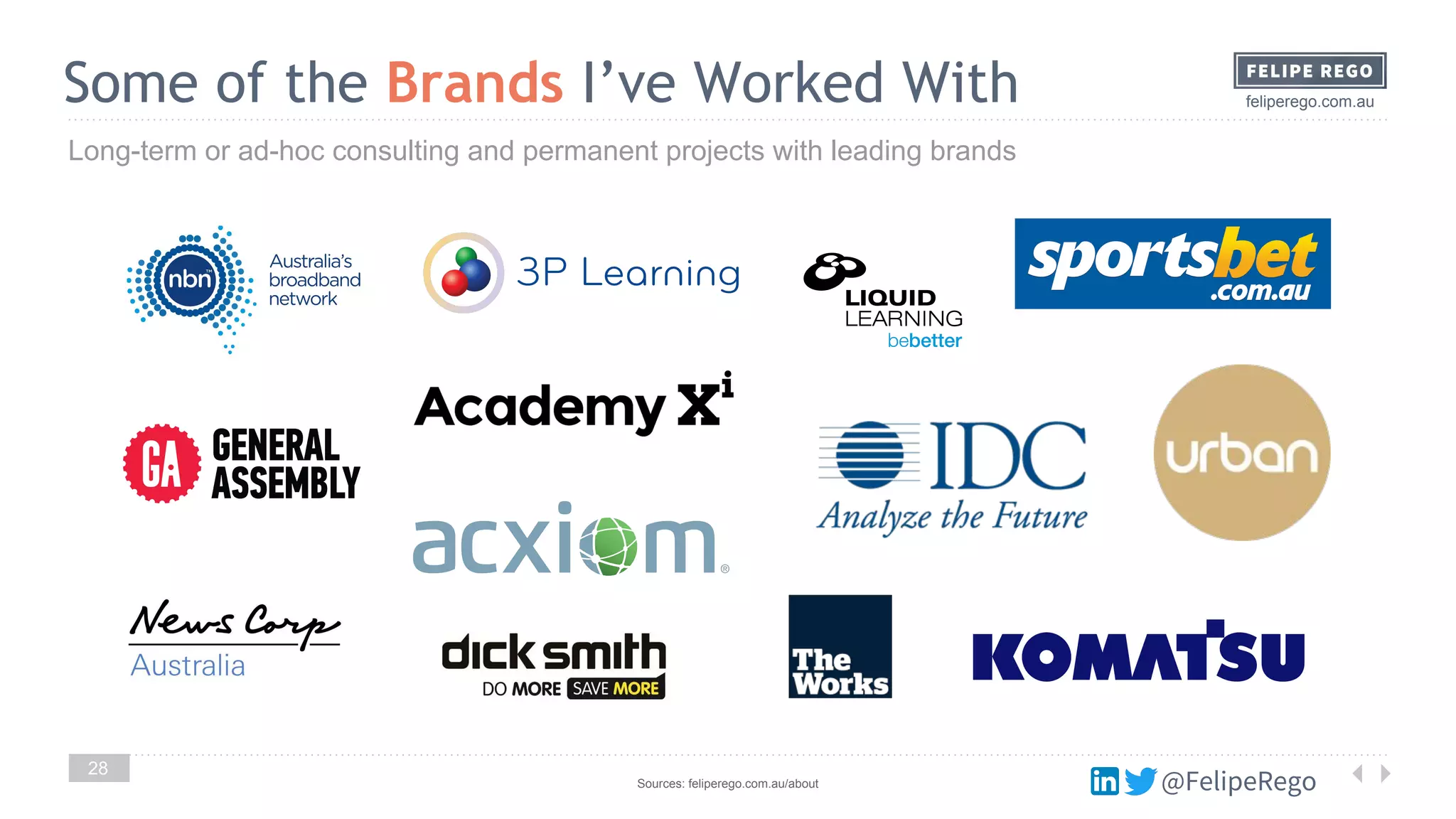 @FelipeRego
feliperego.com.auSome of the Brands I’ve Worked With
28
Long-term or ad-hoc consulting and permanent projects with leading brands
Sources: feliperego.com.au/about
 