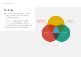 Visualising the Solution
7th August 2014
The Kicker
 In B2B, customers do not care
about price.They care about
business cases.
 If it is appropriate to market,
if it is actionable by customer
and if it’s value is assessable and
evident then price is irrelevant.
UNACTIONABLE
INACCESSIBLEINAPPROPRIATE
THE SOLUTION
BUDGETS 
FINANCIAL
CONSTRAINTS
CUSTOMER
NEEDS 
REQUIREMENTS
PRODUCTS
 SERVICES
 