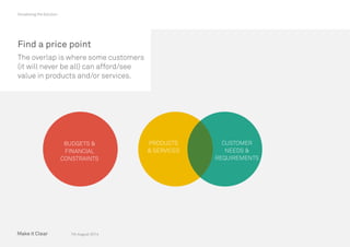 7th August 2014
Visualising the Solution
Find a price point
The overlap is where some customers
(it will never be all) can afford/see
value in products and/or services.
PRODUCTS
 SERVICES
CUSTOMER
NEEDS 
REQUIREMENTS
BUDGETS 
FINANCIAL
CONSTRAINTS
 