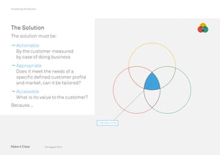 7th August 2014
Visualising the Solution
The Solution
The solution must be:
 Actionable
By the customer measured
by case of doing business
 Appropriate
Does it meet the needs of a
specific defined customer profile
and market, can it be tailored?
 Accessible
What is its value to the customer?
Because...
THE SOLUTION
 