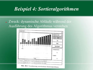 Beispiel 4: Sortieralgorithmen
●

Zweck: dynamische Abläufe während der
Ausführung des Algorithmus verstehen

 