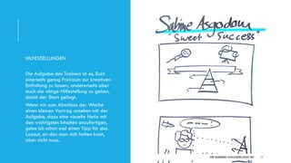 DIRK HANNEMANN, VISUALISIERUNGAUGUST 2021 11
HILFESTELLUNGEN
Die Aufgabe des Trainers ist es, Euch
einerseits genug Freiraum zur kreativen
Entfaltung zu lassen, andererseits aber
auch die nötige Hilfestellung zu geben,
damit der Start gelingt.
Wenn wir zum Abschluss der Woche
einen kleinen Vortrag ansehen mit der
Aufgabe, dazu eine visuelle Notiz mit
den wichtigsten Inhalten anzufertigen,
gebe ich schon mal einen Tipp für das
Layout, an den man sich halten kann,
aber nicht muss.
 