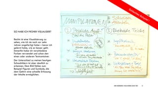 SO HABE ICH FRÜHER VISUALISIERT
Rechts ist eine Visualisierung zu
sehen, wie ich sie noch vor zehn
Jahren angefertigt habe – bevor ich
gelernt habe, wie es besser geht.
Immerhin habe ich verschiedene
Farben verwendet und schon den
einen oder anderen Textcontainer.
Der Unterschied zu meinen heutigen
Schaubildern ist aber deutlich zu
erkennen. Dem Bild fehlen zum
Beispiel Figuren und Symbole, die
dem Gehirn eine schnelle Erfassung
der Inhalte ermöglichen.
DIRK HANNEMANN, VISUALISIERUNGAUGUST 2021 13
 