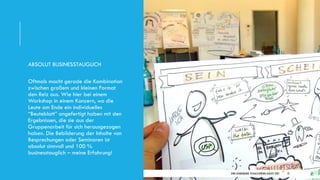 DIRK HANNEMANN, VISUALISIERUNGAUGUST 2021 19
ABSOLUT BUSINESSTAUGLICH
Oftmals macht gerade die Kombination
zwischen großem und kleinen Format
den Reiz aus. Wie hier bei einem
Workshop in einem Konzern, wo die
Leute am Ende ein individuelles
“Beuteblatt” angefertigt haben mit den
Ergebnissen, die sie aus der
Gruppenarbeit für sich herausgezogen
haben. Die Bebilderung der Inhalte von
Besprechungen oder Seminaren ist
absolut sinnvoll und 100 %
businesstauglich – meine Erfahrung!
 