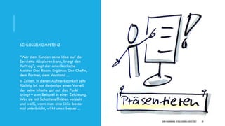 DIRK HANNEMANN, VISUALISIERUNGAUGUST 2021 20
SCHLÜSSELKOMPETENZ
“Wer dem Kunden seine Idee auf der
Serviette skizzieren kann, kriegt den
Auftrag”, sagt der amerikanische
Meister Dan Roam. Ergänze: Der Chefin,
dem Partner, dem Vorstand…
In Zeiten, in denen Aufmerksamkeit sehr
flüchtig ist, hat derjenige einen Vorteil,
der seine Inhalte gut auf den Punkt
bringt – zum Beispiel in einer Zeichnung.
Wer sie mit Schatteneffekten versieht
und weiß, wann man eine Linie besser
mal unterbricht, wirkt umso besser…
 