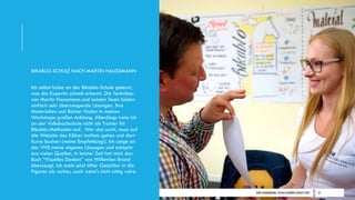 DIRK HANNEMANN, VISUALISIERUNGAUGUST 2021 21
BIKABLO-SCHULE NACH MARTIN HAUSSMANN
Ich selbst habe an der Bikablo-Schule gelernt,
was die Expertin schnell erkennt. Die Techniken
von Martin Haussmann und seinem Team bieten
einfach sehr überzeugende Lösungen. Ihre
Materialien und Bücher finden in meinen
Workshops großen Anklang. Allerdings trete ich
an der Volkshochschule nicht als Trainer für
Bikablo-Methoden auf. Wer das sucht, muss auf
die Website des Kölner Instituts gehen und dort
Kurse buchen (meine Empfehlung!). Ich zeige an
der VHS meine eigenen Lösungen und schöpfe
aus vielen Quellen. In letzter Zeit hat mich das
Buch “Visuelles Denken” von Willemien Brand
überzeugt. Ich male jetzt öfter Gesichter in die
Figuren als vorher, auch wenn’s nicht nötig wäre.
 