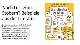 Noch Lust zum
Stöbern? Beispiele
aus der Literatur
Sketchnotes nennt man die Technik visueller
Notizen, meist im DIN A4-Format, deren
Techniken man für alle Visualisierungen
nutzen kann, auch für Flipchart und
Whiteboard oder im Kleinen für Post-Its.
Sehr gute Einführung in das Thema zum
Beispiel im Buch von Heidrun Künzel,
“Sketchnotes im Alltag”, 19.99 EUR
Hannemann – Kurs Visualisierung für Bildung Beratung Beruf 26
 