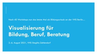 Nach 40 Workshops nun das letzte Mal als Bildungsurlaub an der VHS Berlin…
Visualisierung für
Bildung, Beruf, Beratung
2.-6. August 2021, VHS Steglitz-Zehlendorf
DIRK HANNEMANN, VISUALISIERUNGAUGUST 2021 47
 