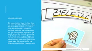 DIRK HANNEMANN, VISUALISIERUNGAUGUST 2021 6
VOKABELN LERNEN
Die ersten beiden Tage wird der Kurs
vor allem damit beschäftigt sein, seinen
Schatz an Bildvokabeln zu erweitern.
Zum “Vokabel lernen” werden wir
Vorlagen benutzen, die die Zeichnung
auf das Notwendigste reduzieren, die
zum Erkennen des Symbols notwendig
sind. Man braucht ein paar Tipps, z.B.
wo man bei einem solchen Symbol am
besten anfängt, aber dann geht es den
Leuten meist gut von der Hand. Die
Effekts sind verblüffend – gewusst, wie!
 