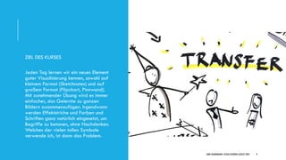 DIRK HANNEMANN, VISUALISIERUNGAUGUST 2021 9
ZIEL DES KURSES
Jeden Tag lernen wir ein neues Element
guter Visualisierung kennen, sowohl auf
kleinem Format (Sketchnotes) und auf
großem Format (Flipchart, Pinnwand).
Mit zunehmender Übung wird es immer
einfacher, das Gelernte zu ganzen
Bildern zusammenzufügen. Irgendwann
werden Effektstriche und Farben und
Schriften ganz natürlich eingesetzt, um
Begriffe zu betonen, ohne Nachdenken.
Welches der vielen tollen Symbole
verwende ich, ist dann das Problem.
 