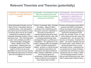 Relevant Theorists and Theories (potentially)
ontologically - investigating being and
existence itself through philosophical
thought.
sociologically - how individuals connect
with or are sculpted by the world
around them in terms of social groups ,
structures and institutions.
psychologically - how the individual is
formed in terms of the psyche and its
development in relationship to its
immediate environment and the
people/objects in it, which occurs whilst
the mind and person is developing.
Greek philosophical thought, such as
Plato's 'forms' or Hereclitus' idea that
'everything flows.' Later philosophers
who tried to prove the existence of god
by thinking about how we are innately
predisposed to experience reality -
Descartes (Cartesian Dualism of mind
and body), Kant…Then, the Empiricists
(Locke, Hulme, Berkely) and 20th C -
phenomenologists, Heidegger's
'dasein', Merleau Ponty, Post
structuralism - breaking down the
knowledge (cultural and linguistic)
systems of which we are a part -
Baudrillard, Foucault and more recently
New Materialist approaches to thinking
about the entanglement of mind and
matter.
'Fathers' of sociology- Marx, Durkheim
and Weber - classical (19thC)
sociology of the modernising world,
focusing on economic materialism or
Structural Functionalism of
institutions/systems/structures which
order and affect social life. Later, 20th
C sociology deconstructed earlie
sociological thought, e.g. Althusser on
interpellation – the significance of the
subject’s ideology within the capitalism
system; Symbolic Interactionism
(Mead) - we learn our identity through
our subjective observations and
interactions with others and Blumer
(1962). Giddens (1980s/90s)- structure
and individual agents are
corroborative. Conflict perspectives –
based on Marxism but considering
more diverse sites of conflict.
Freudian psychoanalysis (early 20thC),
Lacanian (mid 20thC) and Kristeva,
Cixious and Iraguray (late 20th C) - all
applying deconstructionist strategies to
examine the development of the
psyche. Key concepts: Freud - Id / ego
/ - which makes up the self. Lacan's 'le
manque/the lack' - we can never truly
become our full selves. Kristeva's 'the
abject.' - the horrific realisation that we
are mortal matter. Lacan, Kristeva, etc
de/reconstructed Freud in a post
structuralist manner, considering how
our psyche and our sense of being is
constructed and confined by our early
experiences with our mother or father
and the language systems of which
they are (and we become) a part. Also
Klein's subject-object relations theory.
 
