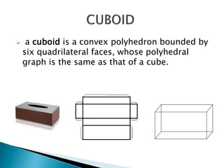  a cuboid is a convex polyhedron bounded by
six quadrilateral faces, whose polyhedral
graph is the same as that of a cube.