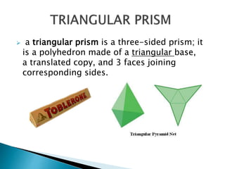  a triangular prism is a three-sided prism; it
is a polyhedron made of a triangular base,
a translated copy, and 3 faces joining
corresponding sides.