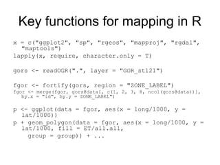 Key functions for mapping in R
x = c("ggplot2", "sp", "rgeos", "mapproj", "rgdal",
"maptools")
lapply(x, require, character.only = T)
gors <- readOGR(".", layer = "GOR_st121")
fgor <- fortify(gors, region = "ZONE_LABEL")
fgor <- merge(fgor, gors@data[, c(1, 2, 3, 8, ncol(gors@data))],
by.x = "id", by.y = ZONE_LABEL")
p <- ggplot(data = fgor, aes(x = long/1000, y =
lat/1000))
p + geom_polygon(data = fgor, aes(x = long/1000, y =
lat/1000, fill = ET/all.all,
group = group)) + ...
 