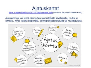 Ajatuskartat
www.matleenalaakso.fi/2022/03/ajatuskartat.html (mukana seur.dian inteakt.kuva)
Ajatuskarttoja voi tehdä sitä...