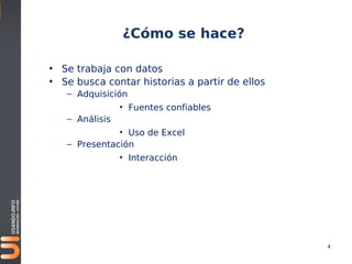 ¿Cómo se hace?

• Se trabaja con datos
• Se busca contar historias a partir de ellos
   – Adquisición
               • Fuentes confiables
   – Análisis
               • Uso de Excel
   – Presentación
               • Interacción




                                                4
 