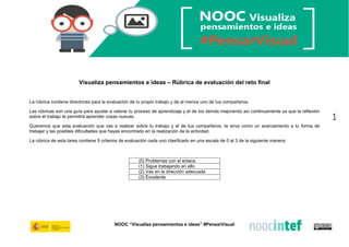 NOOC “Visualiza pensamientos e ideas” #PensarVisual
1
Visualiza pensamientos e ideas – Rúbrica de evaluación del reto final
La rúbrica contiene directrices para la evaluación de tu propio trabajo y de al menos uno de tus compañeros.
Las rúbricas son una guía para ayudar a valorar tu proceso de aprendizaje y el de los demás mejorando así continuamente ya que la reflexión
sobre el trabajo te permitirá aprender cosas nuevas.
Queremos que esta evaluación que vas a realizar sobre tu trabajo y el de tus compañeros, te sirva como un acercamiento a tu forma de
trabajar y las posibles dificultades que hayas encontrado en la realización de la actividad.
La rúbrica de esta tarea contiene 5 criterios de evaluación cada uno clasificado en una escala de 0 al 3 de la siguiente manera:
(0) Problemas con el enlace
(1) Sigue trabajando en ello
(2) Vas en la dirección adecuada
(3) Excelente
 