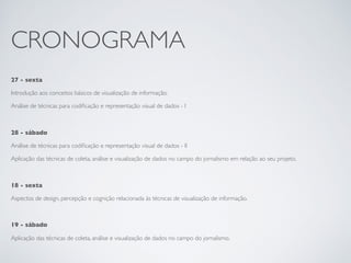 CRONOGRAMA
27 - sexta
Introdução aos conceitos básicos de visualização de informação.
Análise de técnicas para codiﬁcação e representação visual de dados - I
28 - sábado
Análise de técnicas para codiﬁcação e representação visual de dados - II
Aplicação das técnicas de coleta, análise e visualização de dados no campo do jornalismo em relação ao seu projeto.
18 - sexta
Aspectos de design, percepção e cognição relacionada às técnicas de visualização de informação.
19 - sábado
Aplicação das técnicas de coleta, análise e visualização de dados no campo do jornalismo.
 