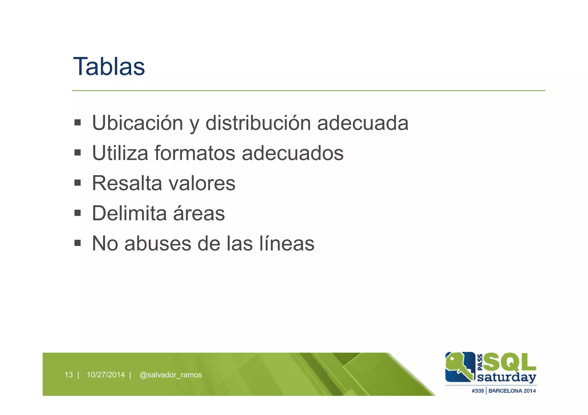Tablas
Ubicación y distribución adecuada
Utiliza formatos adecuados
Resalta valores
Delimita áreas
No abuses de las líneas
10/27/2014 | @salvador_ramos13 |
 