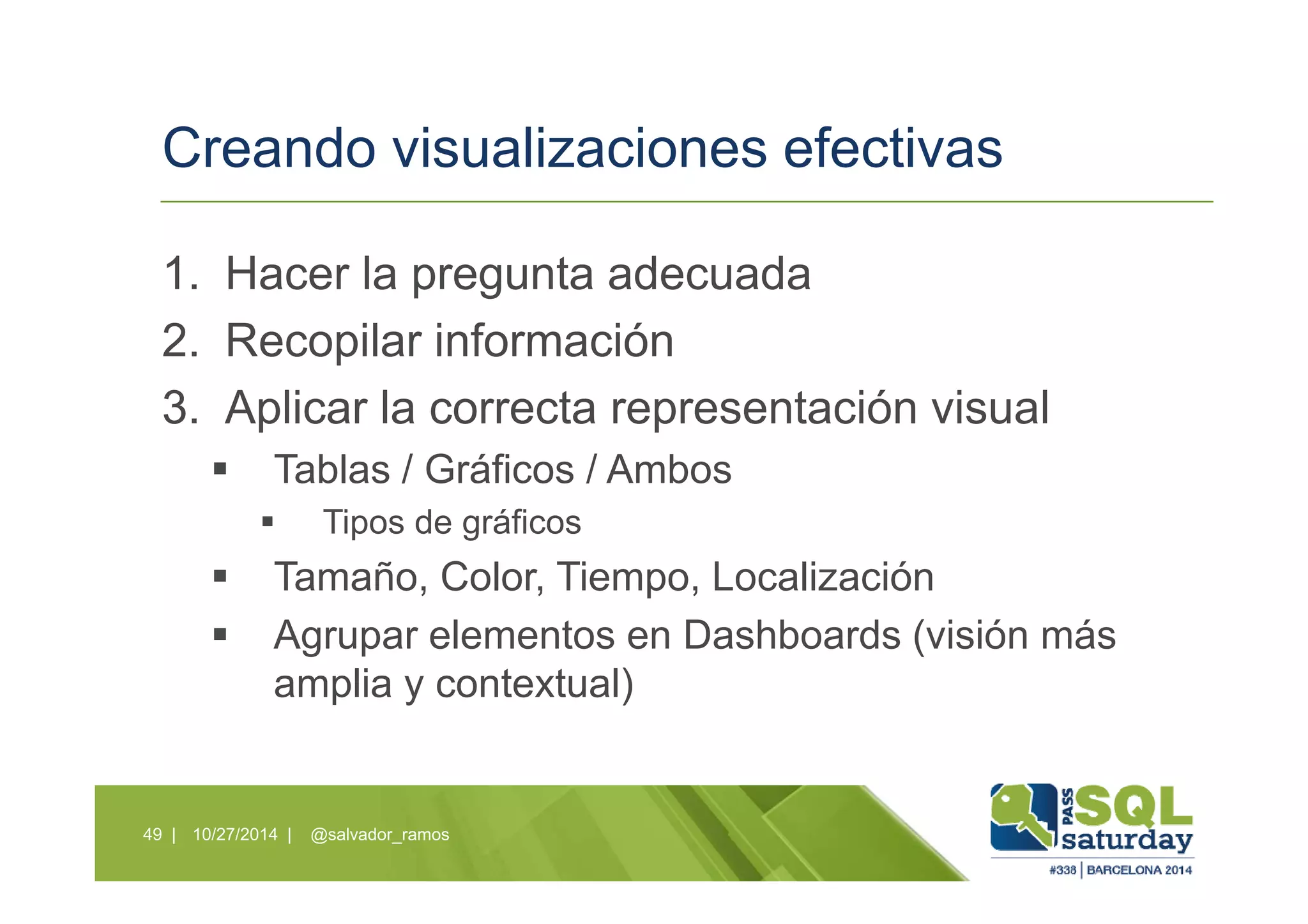 Creando visualizaciones efectivas
1. Hacer la pregunta adecuada
2. Recopilar información
3. Aplicar la correcta representación visual
Tablas / Gráficos / Ambos
Tipos de gráficos
Tamaño, Color, Tiempo, Localización
Agrupar elementos en Dashboards (visión más
amplia y contextual)
10/27/2014 | @salvador_ramos49 |
 