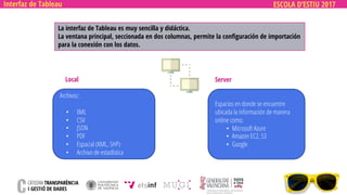 ESCOLA D’ESTIU 2017Interfaz de Tableau
La interfaz de Tableau es muy sencilla y didáctica.
La ventana principal, seccionada en dos columnas, permite la configuración de importación
para la conexión con los datos.
Local Server
Archivos:
• XML
• CSV
• JSON
• PDF
• Espacial (KML, SHP)
• Archivo de estadística
Espacios en donde se encuentre
ubicada la información de manera
online como:
• Microsoft Azure
• Amazon EC2, S3
• Google
 