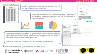 ESCOLA D’ESTIU 2017Conexión con archivos PDF
Antes de crear conexión con Tableau hay que conocer el archivo PDF
para saber qué paginas cuentan con una tabla.
Ya conociendo el contenido del PDF, lo importamos a Tableau y seleccionamos,
en la ventana que aparece, página de inicio y fin de la tabla, o individualmente la
página correspondiente.
Cuando seleccionamos las páginas del PDF se representarán por tablas con el mismo número de
páginas. Se visualizan en la barra izquierda. Allí seleccionaremos todas y arrastramos todas las hojas al
mismo tiempo al espacio de trabajo que dice “Arrastre aquí”.
Visualizaremos los datos de la misma manera cómo se ha mostrado en ejemplos anteriores.
Nota: Recuerda realizar los ajustes de las cabeceras de los campos.
 