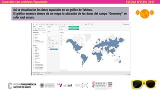 ESCOLA D’ESTIU 2017Conexión con archivos Espaciales
Así se visualizarían los datos espaciales en un gráfico de Tableau.
El gráfico muestra dentro de un mapa la ubicación de los datos del campo “Geometry” en
color azul oscuro.
 