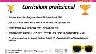 ESCOLA D’ESTIU 2017
Currículum profesional
✎ Finalistas Fase I Desafío Aporta – Fase II 23 de Octubre de 2017
✎ Jornadas FESABID 2017 – Póster Análisis del portal de contrataciones GVA
✎ Primer premio IDEAS CHALLENGE 2017 – Proyecto Bike UPV
✎ Segundo premio OPEN DATATHON 2017 – Proyecto Gasto I+D en los presupuestos de la GVA
✎ Premio Ayuntamiento de Valencia Hack For Good 2017 – Proyecto Gestión del Ruido Ambiental
Valencia
 