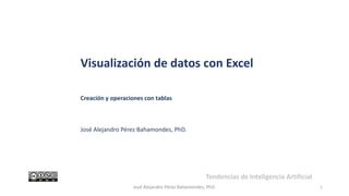 1
José Alejandro Pérez Bahamondes, PhD.
Visualización de datos con Excel
Creación y operaciones con tablas
José Alejandro Pérez Bahamondes, PhD.
Tendencias de Inteligencia Artificial
 