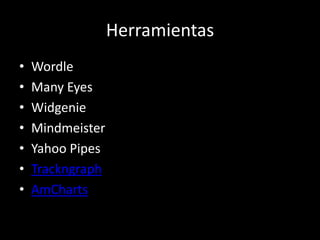 HerramientasWordleManyEyesWidgenieMindmeisterYahoo PipesTrackngraphAmCharts