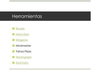 HerramientasWordleManyEyesWidgenieMindmeisterYahoo PipesTrackngraphAmCharts