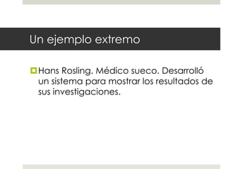 Un ejemplo extremoHans Rosling. Médico sueco. Desarrolló un sistema para mostrar los resultados de sus investigaciones.