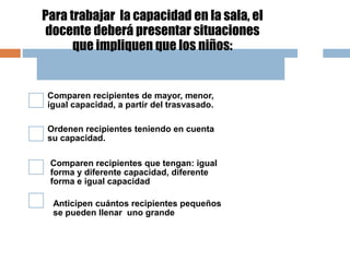 Para trabajar la capacidad en la sala, el
docente deberá presentar situaciones
que impliquen que los niños:
Comparen recipientes de mayor, menor,
igual capacidad, a partir del trasvasado.
Ordenen recipientes teniendo en cuenta
su capacidad.
Comparen recipientes que tengan: igual
forma y diferente capacidad, diferente
forma e igual capacidad
Anticipen cuántos recipientes pequeños
se pueden llenar uno grande
 
