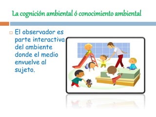 La cognición ambiental ó conocimiento ambiental
 El observador es
parte interactiva
del ambiente
donde el medio
envuelve al
sujeto.
 