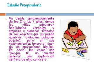 Estadio Preoperatorio
 Va desde aproximadamente
de los 2 a los 7 años, donde
los niños adquieren
habilidades verbales y
empieza a elaborar símbolos
de los objetos que ya puede
nombrar, (relación palabra-
objeto), pero en sus
razonamientos ignora el rigor
de las operaciones lógicas.
Es decir, las cosas son
"porque si", no pueden
generar una explicación
certera de algo concreto.
 