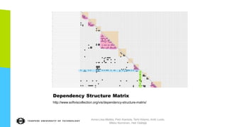 Dependency Structure Matrix
http://www.softviscollection.org/vis/dependency-structure-matrix/
Anna-Liisa Mattila, Petri Ihantola, Terhi Kilamo, Antti Luoto,
Mikko Nurminen, Heli Väätäjä
 