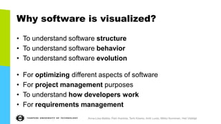 Why software is visualized?
• To understand software structure
• To understand software behavior
• To understand software evolution
• For optimizing different aspects of software
• For project management purposes
• To understand how developers work
• For requirements management
Anna-Liisa Mattila, Petri Ihantola, Terhi Kilamo, Antti Luoto, Mikko Nurminen, Heli Väätäjä
 