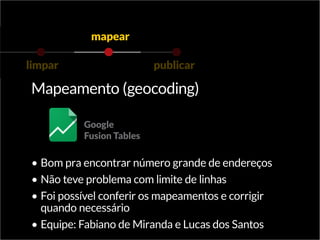 Mapeamento (geocoding)
•	Bom pra encontrar número grande de endereços
•	Não teve problema com limite de linhas
•	Foi possível conferir os mapeamentos e corrigir
quando necessário
•	Equipe: Fabiano de Miranda e Lucas dos Santos
Google
Fusion Tables
limpar
mapear
publicar
 