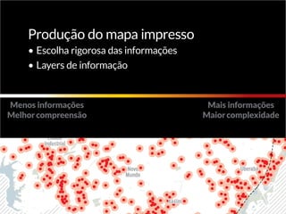 Produção do mapa impresso
•	Escolha rigorosa das informações
•	Layers de informação
CENTRO
Novo
Mundo
Uberaba
Parolin
Cajuru
Cidade
Industrial
Xaxim
Mais informações
Maiorcomplexidade
Menos informações
Melhorcompreensão
 