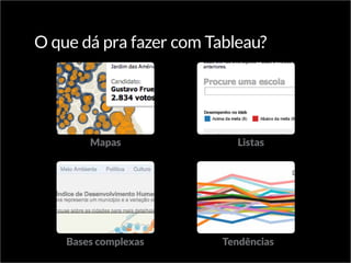 O que dá pra fazer com Tableau?
Mapas
Bases complexas Tendências
Listas
 