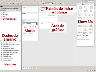 Marks
Show Me
Área do
gráfico
Painéis de linhas
e colunas
Dados do
arquivo
Dimensões
Measures
 