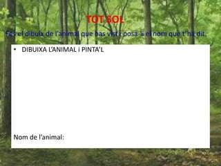 TOT SOL
Fes el dibuix de l’animal que has vist i posa-li el nom que t’ha dit.
• DIBUIXA L’ANIMAL i PINTA’L
Nom de l’animal:
 