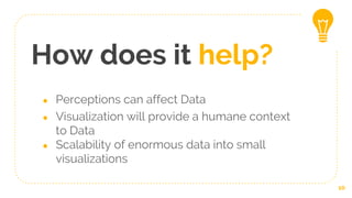 How does it help?
● Perceptions can affect Data
● Visualization will provide a humane context
to Data
● Scalability of enormous data into small
visualizations
10
 