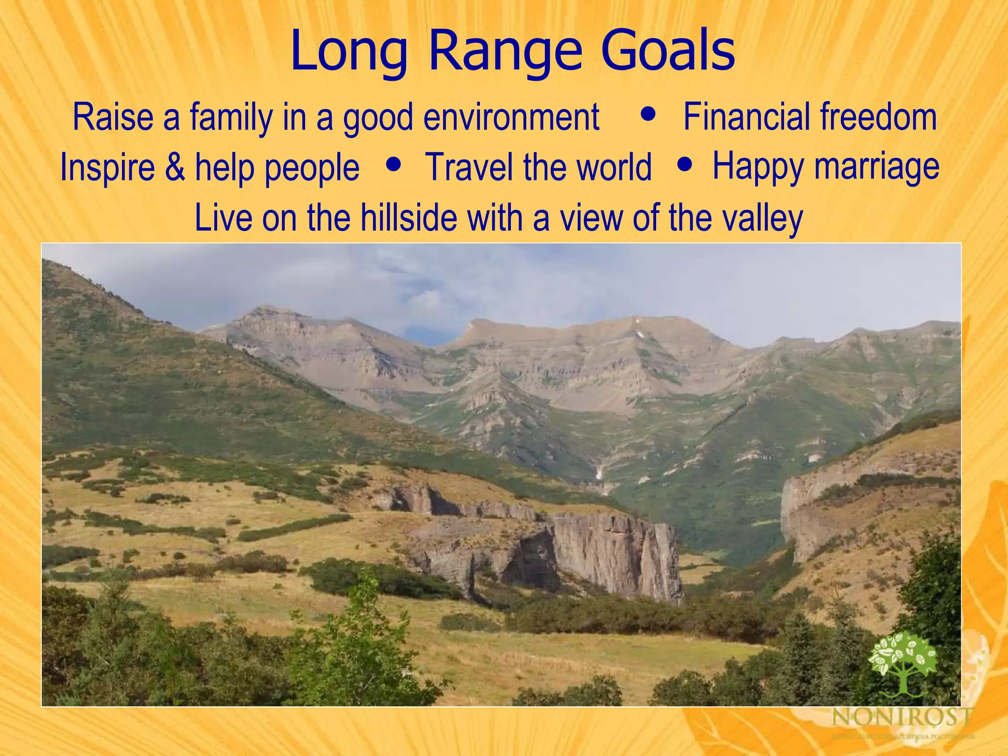 Long Range Goals Raise a family in a good environment Financial freedom Travel the world  Inspire & help people Live on the hillside with a view of the valley   Happy marriage 